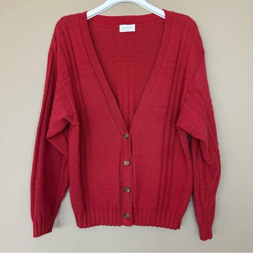 Vintage Y2K Jantzen Men's Large Gandpa Cable Knit Cardigan Sweater USA Academia